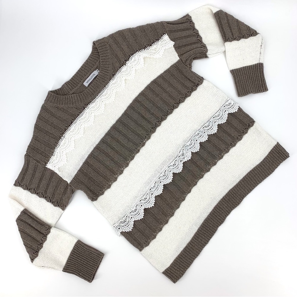 MISSLOOK Taupe and Cream Striped Long Sleeve Sweater with Lace Accents, Medium
